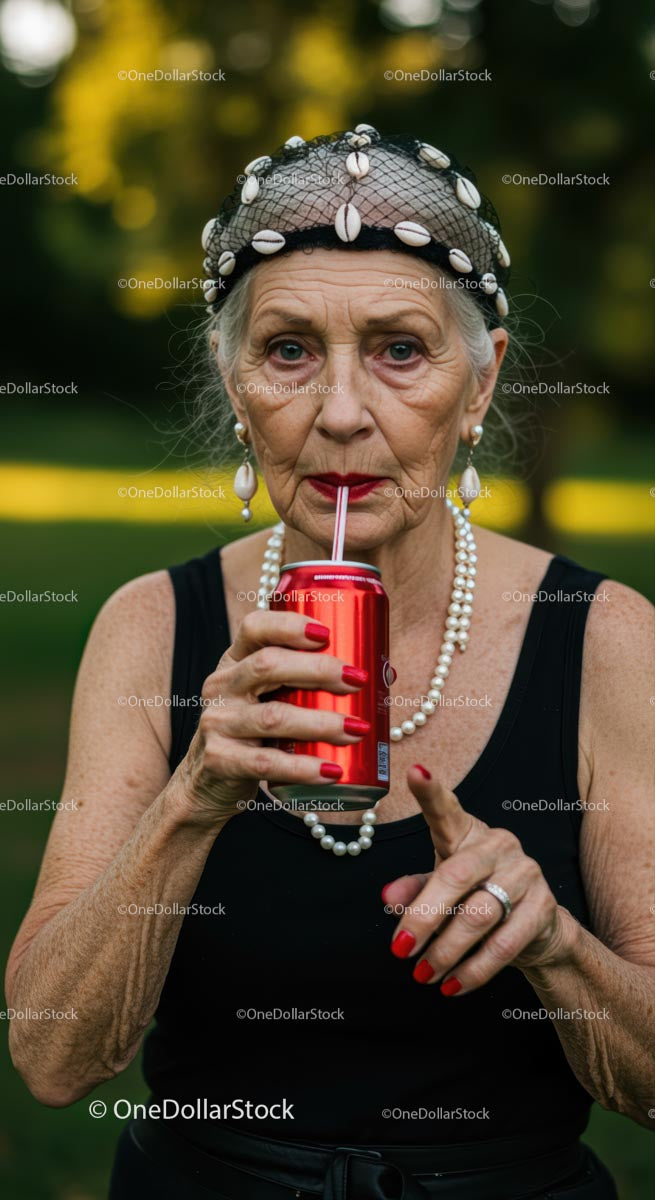 Elegant Senior Woman Enjoying a Refreshing Drink Outdoors
