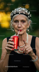 Elegant Senior Woman Enjoying a Can of Soda Outdoors
