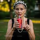 Stylish Elderly Woman Enjoying a Soda Outdoors