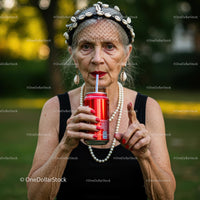Stylish Elderly Woman Enjoying a Soda Outdoors