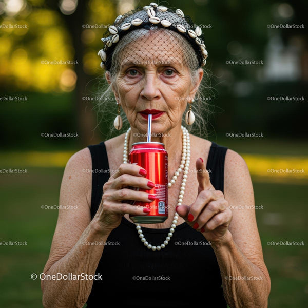 Stylish Elderly Woman Enjoying a Soda Outdoors