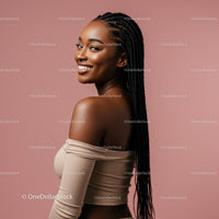 Smiling Woman with Braided Hair in Beige Top on Pink Background