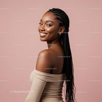 Smiling Woman with Braided Hair in Off-Shoulder Top
