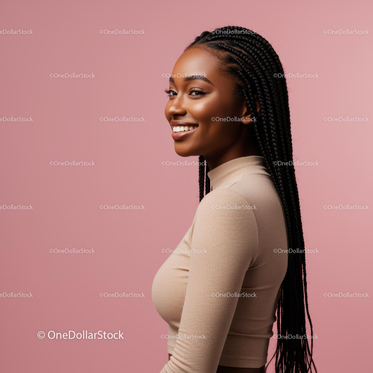Smiling Woman with Braided Hair Against Pink Background