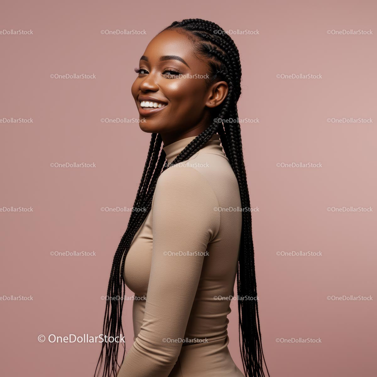 Smiling Woman with Braided Hair in Beige Top