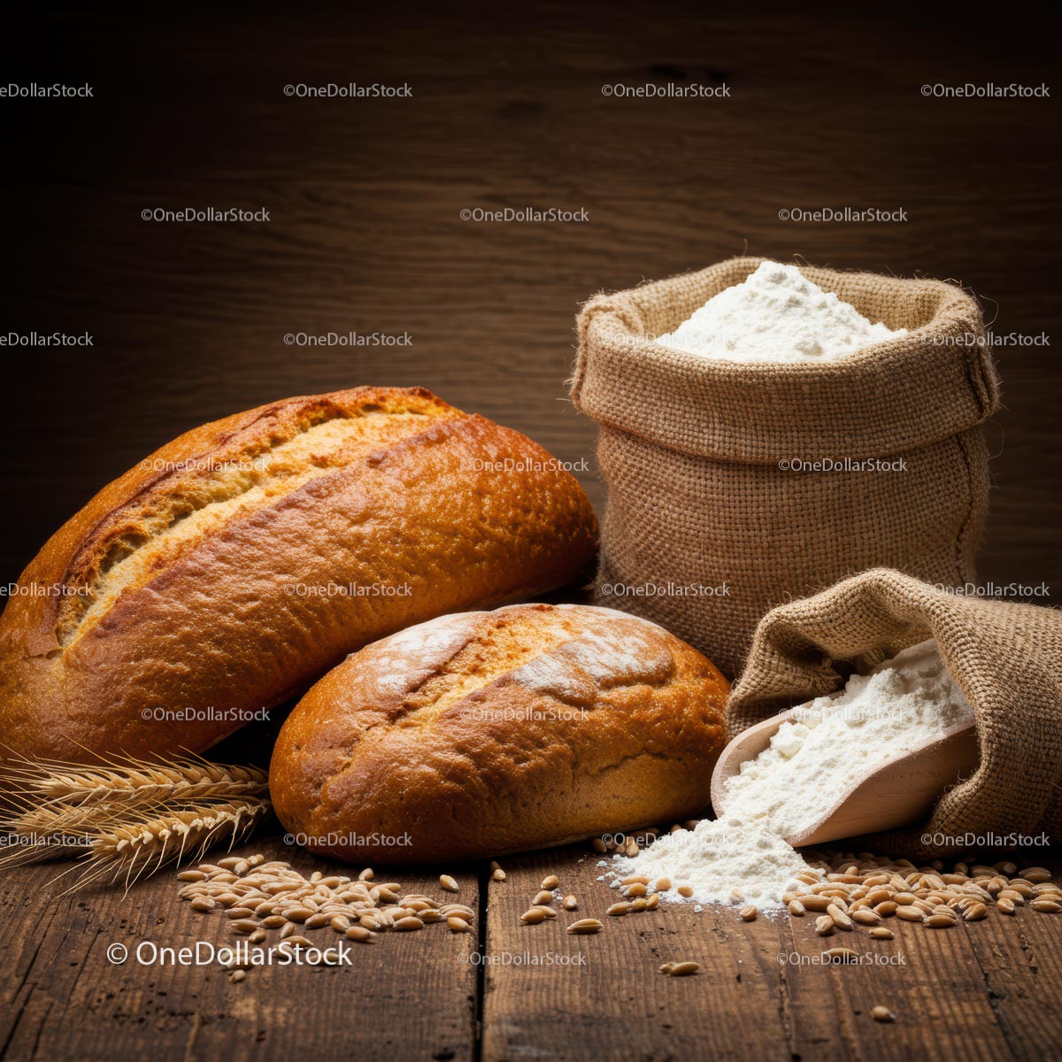 Rustic Bread and Flour on Wooden Table