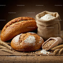 Rustic Loaf with Wheat and Flour on Wooden Table