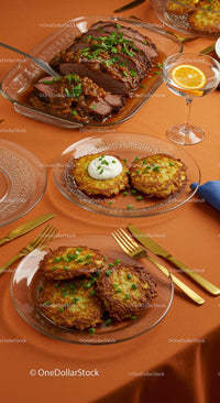 Elegant Dining with Roast Beef and Potato Pancakes