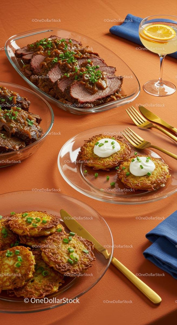 Gourmet pieczeń wołowa i placki ziemniaczane na eleganckim stole