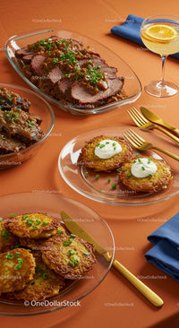 Elegant Dining with Roast Beef and Potato Pancakes