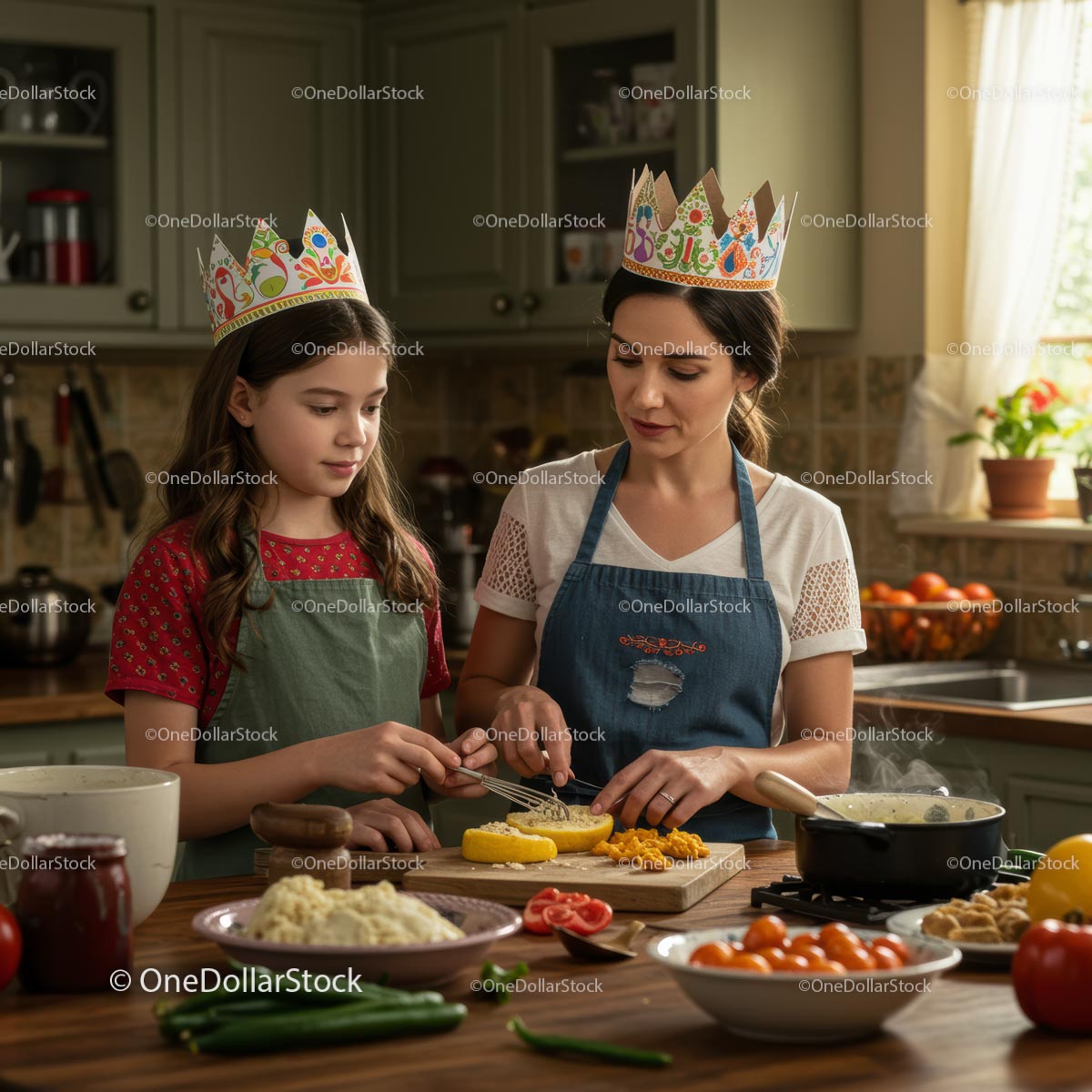 Mother and Daughter Cooking Together in Cozy Kitchen