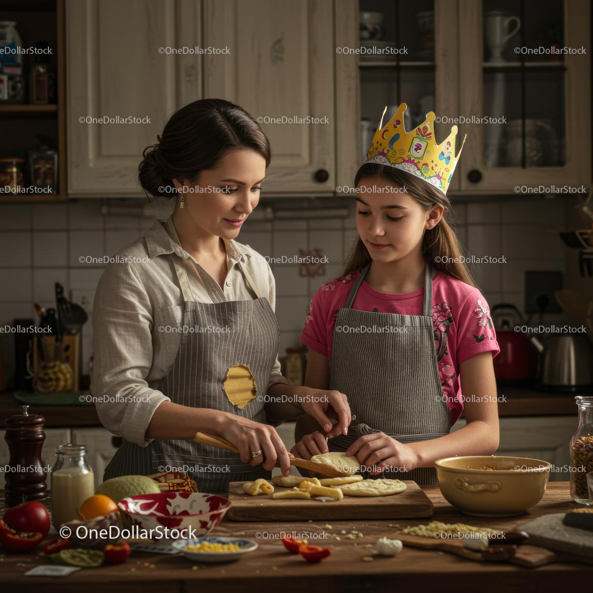 Mother and Daughter Baking Together in Cozy Kitchen