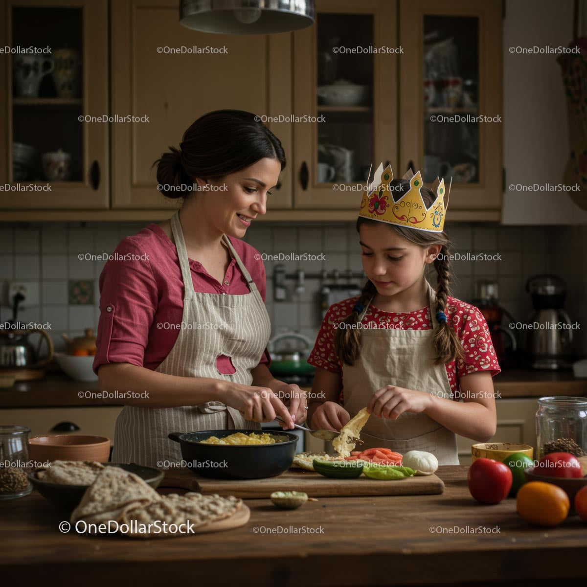 Mother and Daughter Cooking Together in Cozy Kitchen