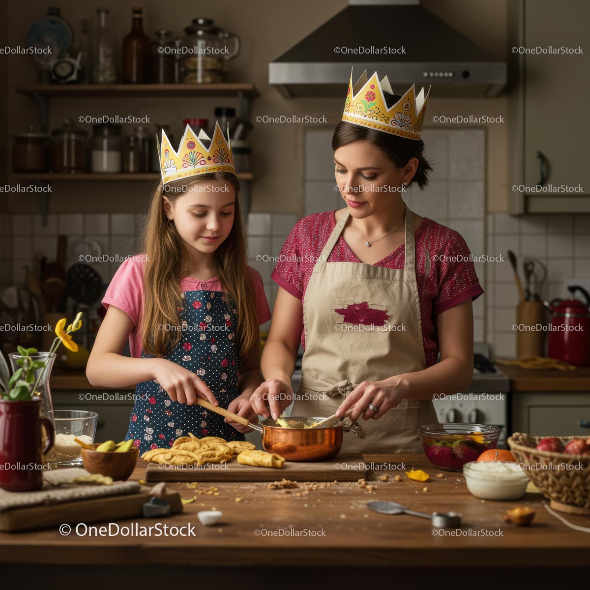 Mother and Daughter Baking Together in Home Kitchen