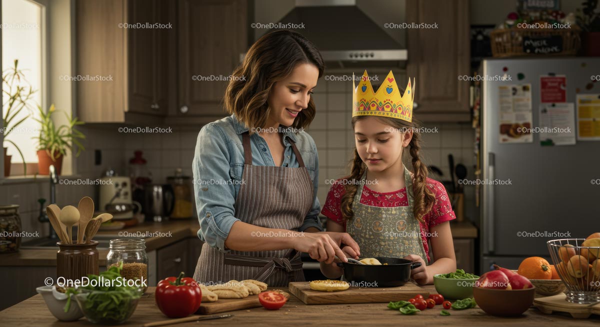 Mother and Daughter Cooking in Cozy Kitchen