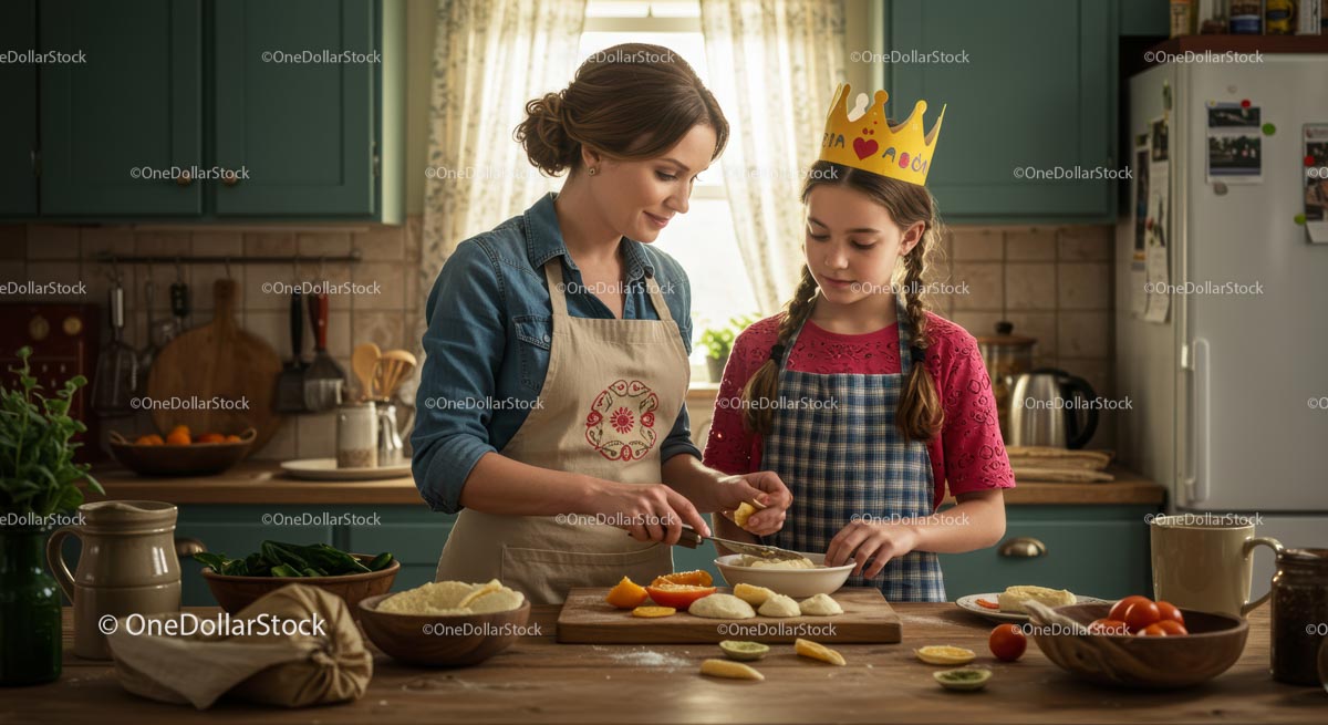 Mother and Daughter Baking Together in Cozy Kitchen