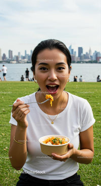 Woman Enjoying Delicious Meal in Urban Park