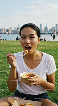 Woman Enjoying a Picnic with City Skyline in Background
