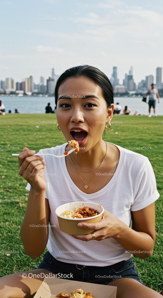 Woman Enjoying a Picnic with City Skyline in Background