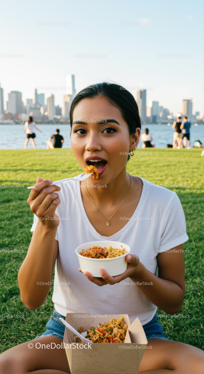 Woman Enjoying Picnic with City Skyline in Background