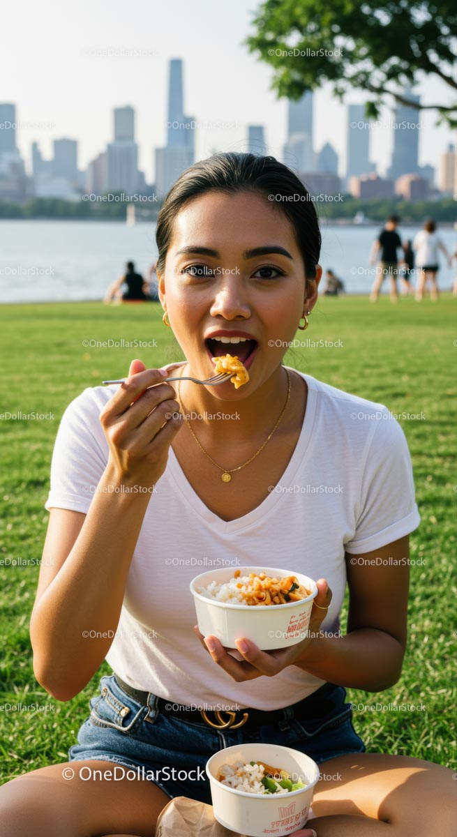 Young Woman Enjoying Picnic in Urban Park