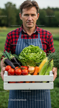 Farmer Holding Basket of Fresh Vegetables in Countryside