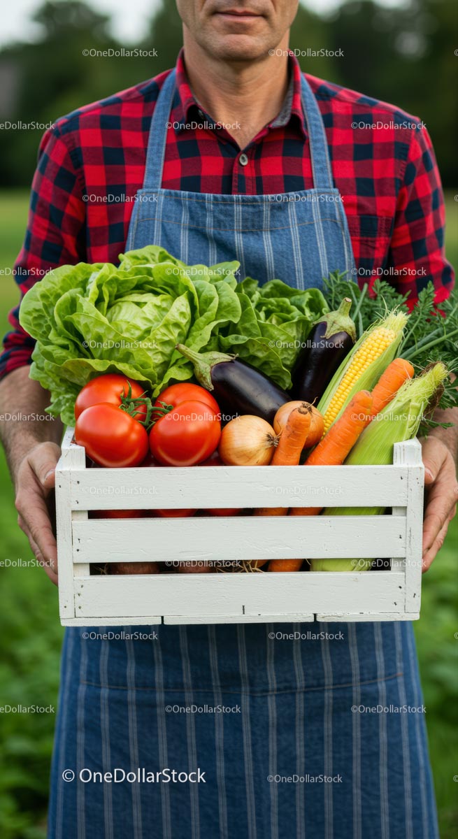 Farmer Holding Freshly Harvested Vegetables in Wooden Crate