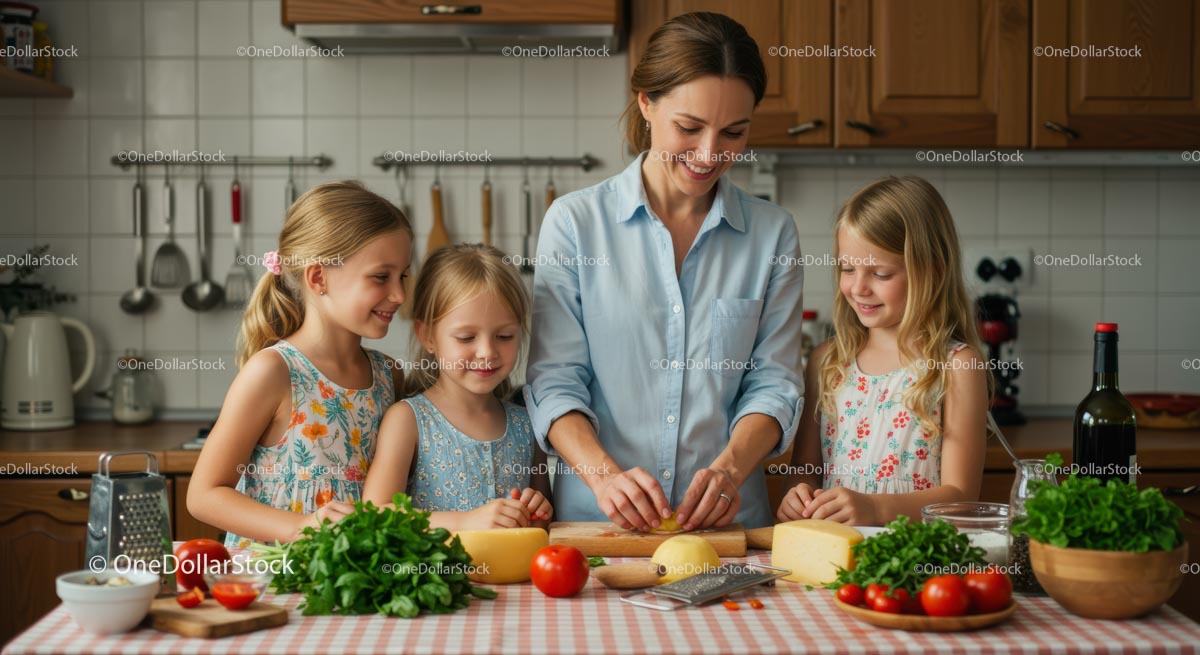 Mother and Daughters Cooking Together in Cozy Kitchen