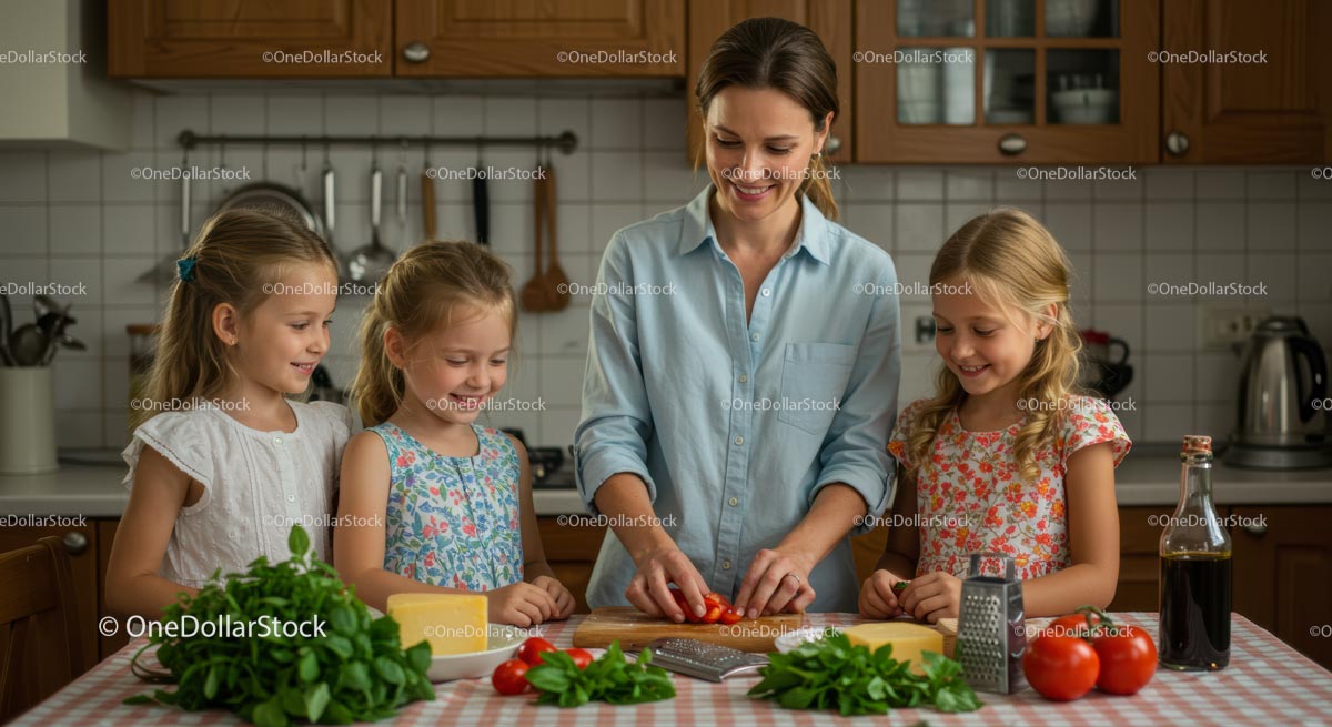 Mother and Daughters Cooking Together in Kitchen