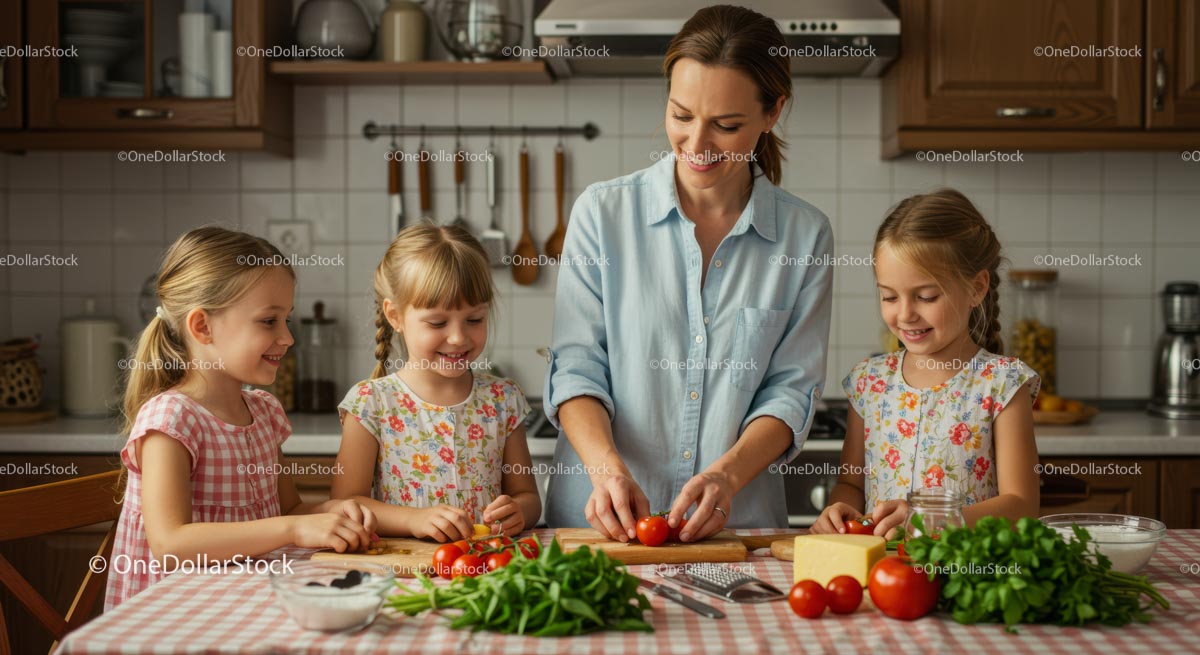 Mother and Daughters Cooking Together in the Kitchen