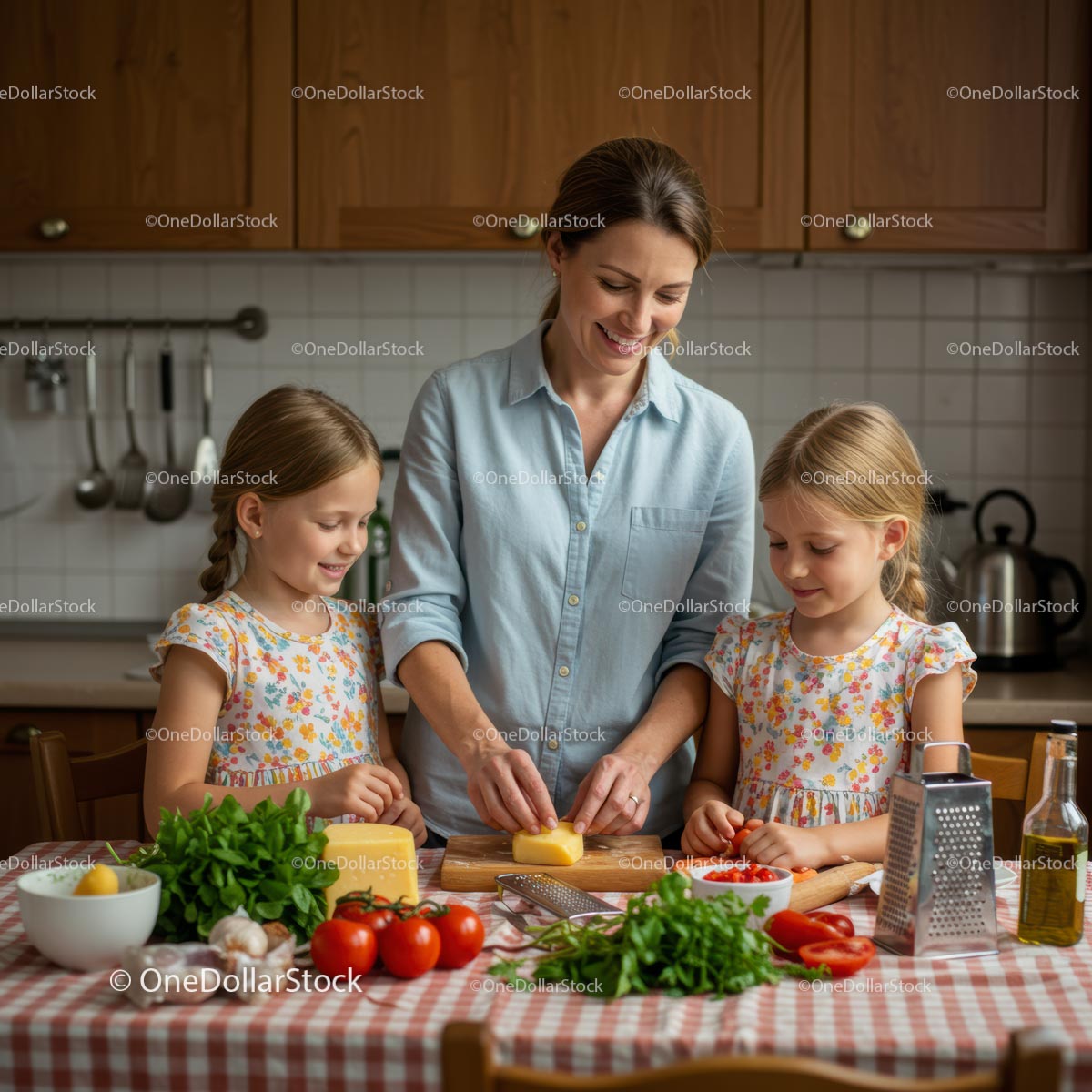 Mother and Daughters Cooking Together in a Cozy Kitchen