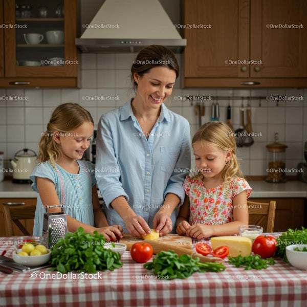 Matka i Córki Przygotowujące Świeży Posiłek w Przytulnej Kuchni