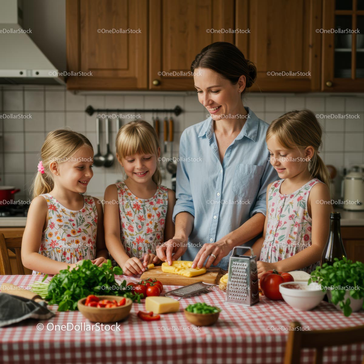 Mother and Daughters Cooking Together in Cozy Kitchen