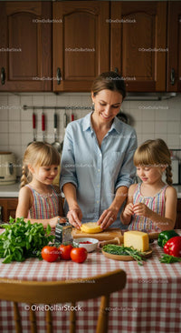 Mother and Daughters Cooking Together in Cozy Kitchen