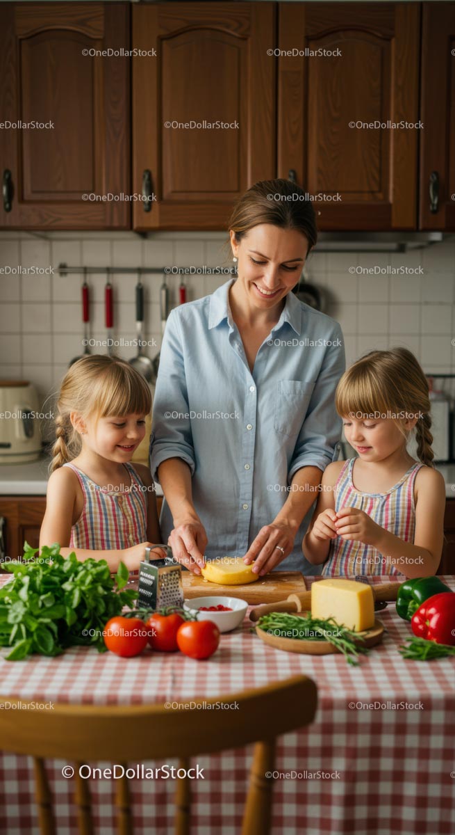 Mother and Daughters Cooking Together in Cozy Kitchen