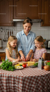 Mother and Daughters Enjoying Cooking Together