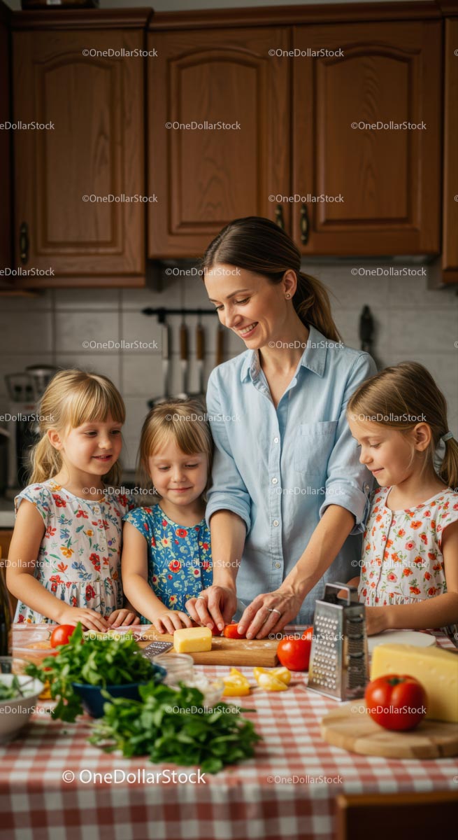 Mother and Daughters Cooking Together in Kitchen