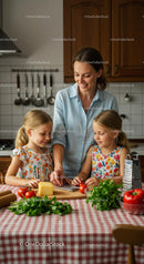 Mother and Daughters Cooking Together in Bright Kitchen