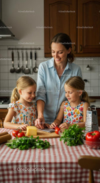 Mother and Daughters Cooking Together in Bright Kitchen