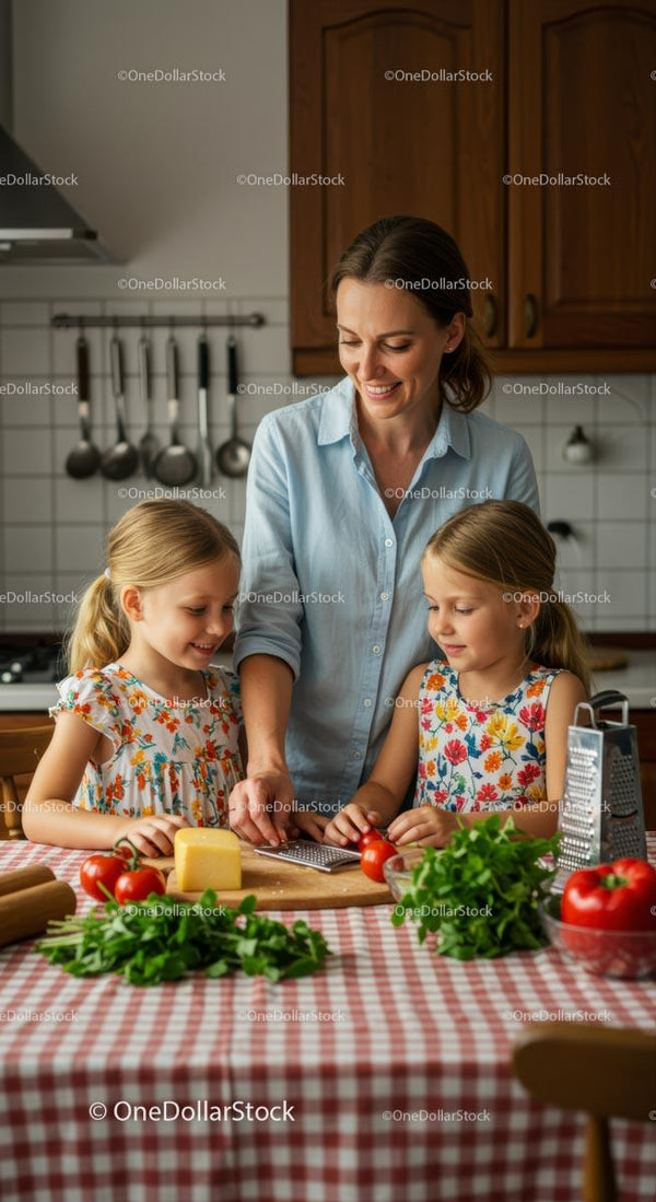 Mama i córki gotują razem w jasnej kuchni