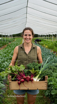 Woman Holding Harvested Vegetables in Greenhouse