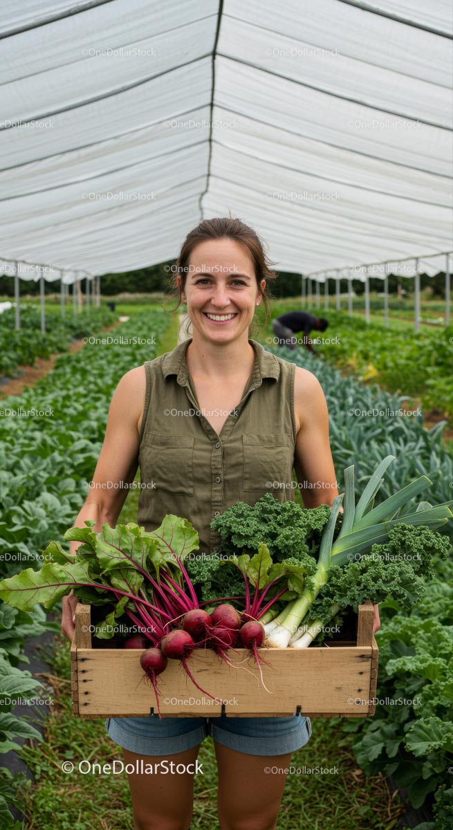 Woman Holding Harvested Vegetables in Greenhouse