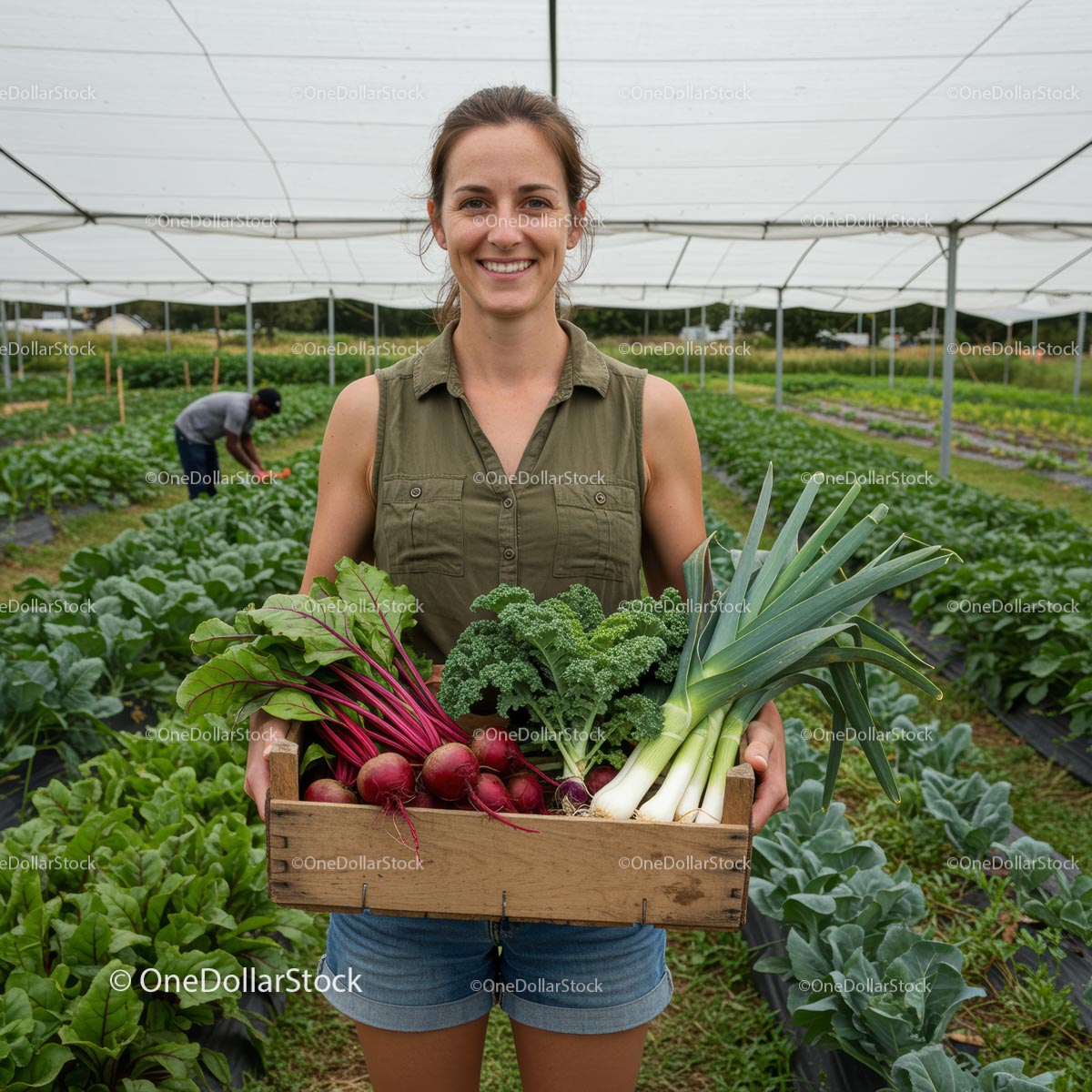 Smiling Woman Holding Fresh Vegetable Harvest in Greenhouse