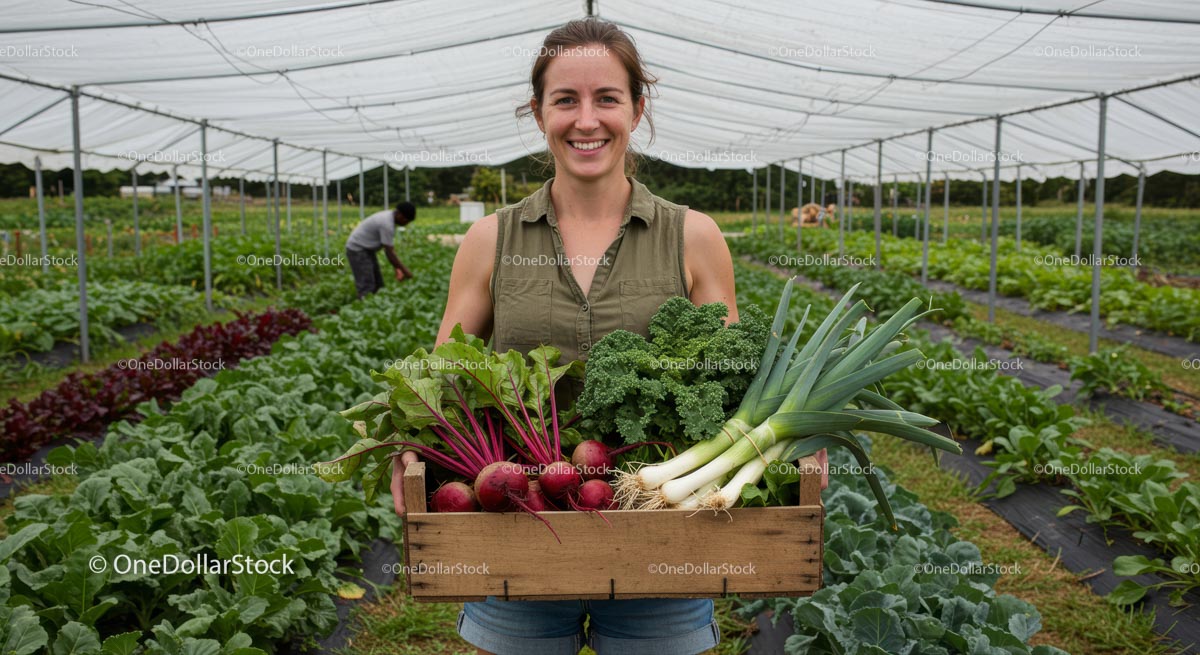 Uśmiechnięta kobieta-rolnik z świeżymi organicznymi warzywami w szklarni
