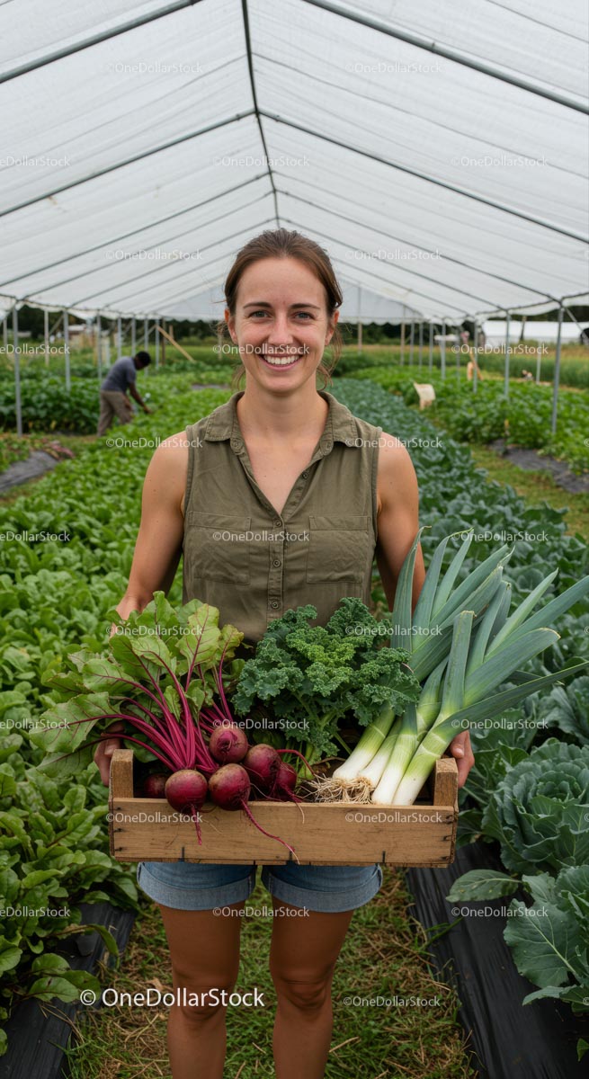 Woman Holding Basket of Fresh Organic Vegetables in Greenhouse