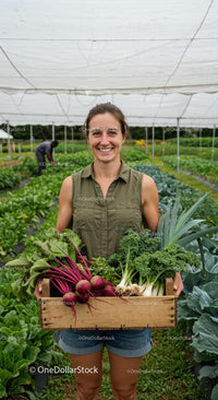 Smiling Woman Holding Fresh Organic Farm Vegetables