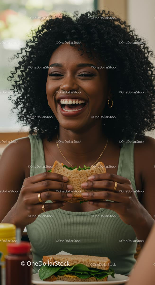 Joyful Woman Savoring a Delicious Burger Indoors
