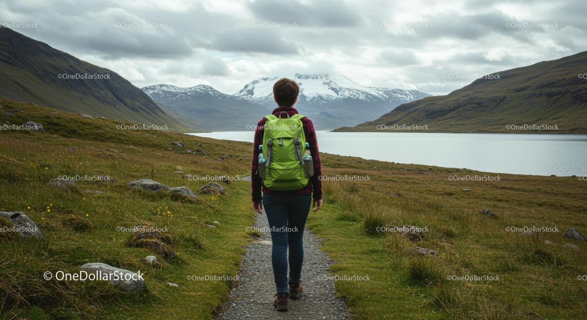 Hiker on Path in Scenic Mountain Landscape with Lake