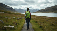 Hiker on Path in Scenic Mountain Landscape with Lake
