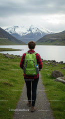 Person Hiking on Scenic Mountain Trail with Snowy Peaks